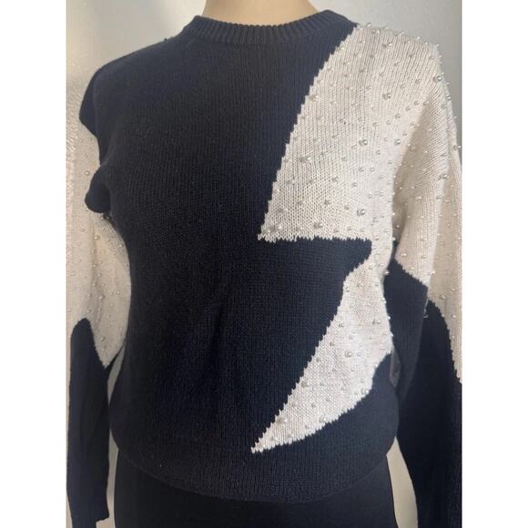 Regency Collection For Joyce Sweaters - Vintage Pearl Star Sweater Black White Graphic Knit 80s Glam Statement Old Money